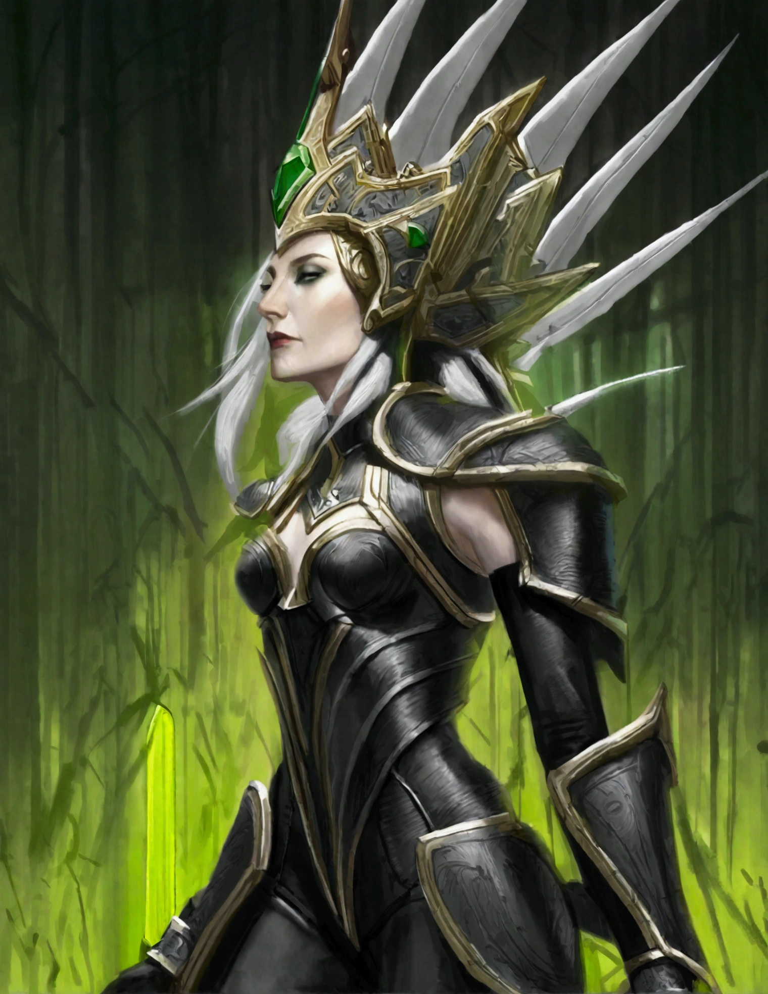 Cate Blanchett (elf, sleek sexy battle armor (very revealing), ornate large headpiece, large blades) is an an ruined Aeldari city in warhammer 40k, overgrown with vegetation