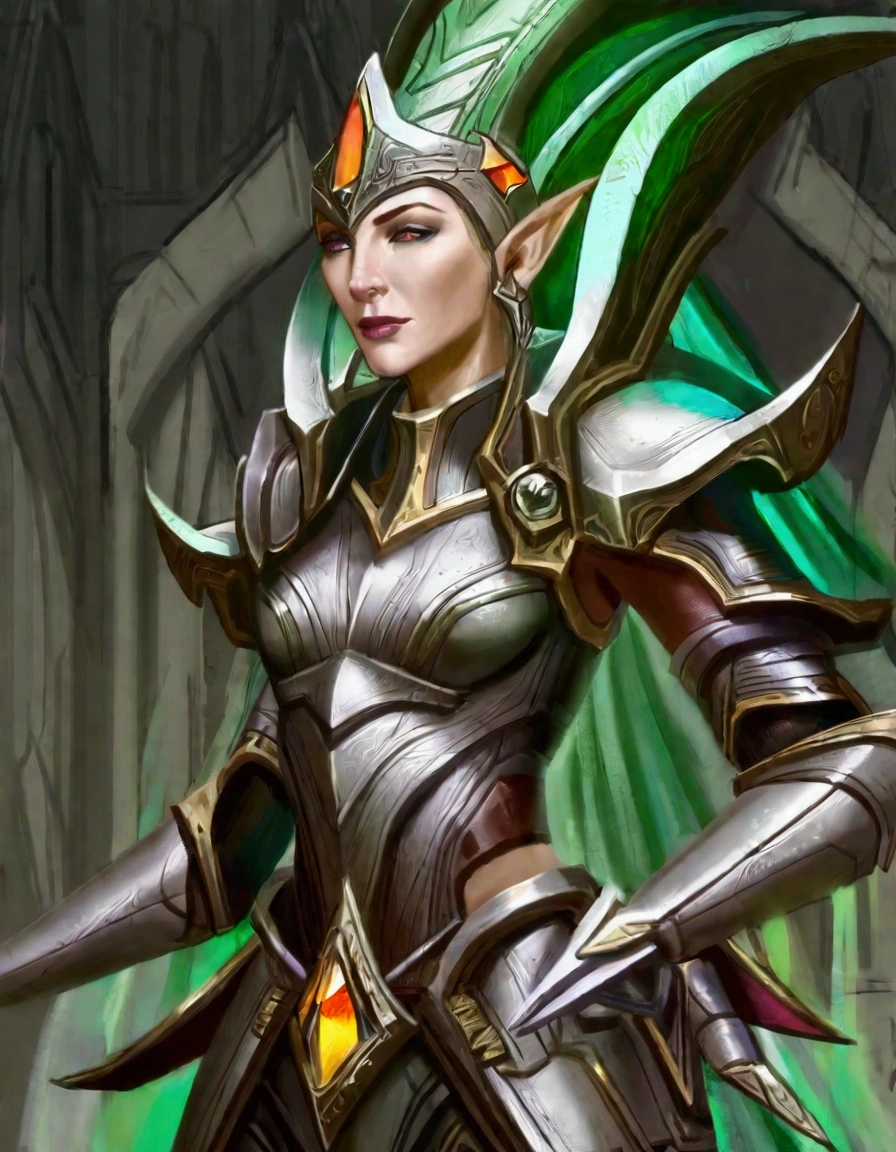 Cate Blanchett (elf, sleek sexy battle armor (very revealing), ornate large headpiece, large blades) is an an ruined Aeldari city in warhammer 40k, overgrown with vegetation
