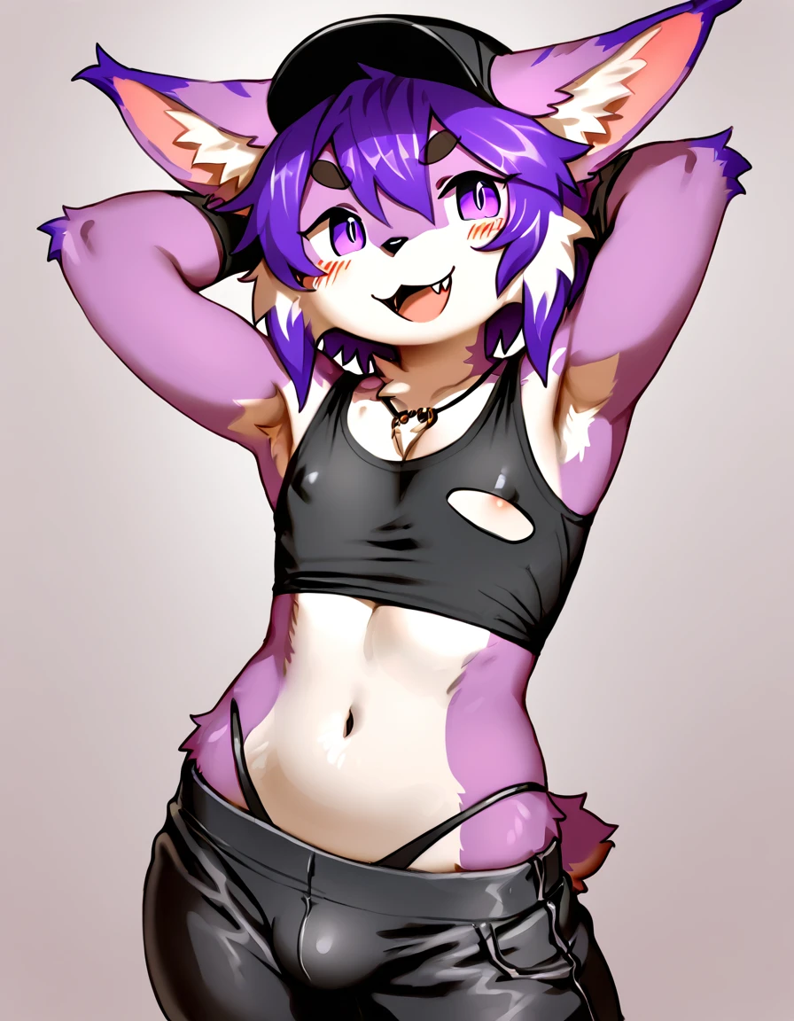 score_9,score_8_up,score_7_up,score_6_up,score_5_up,score_4_up, Lynx, purple fur, purple eyes, anthro, blue hair, purple hair, eyeliner, eyelashes, black eyeshadow, furry art, cheeks tuft, shoulder tuft, male focus, femboy, fingerless gloves, cute fangs, kemono, shota, fluffy neck, icon portrait, claws, black nails, navel, showing teeth, covered nipples, (by kilver), crop top, cap, thong, bulge, covered penis, medium hair, necklace, 5 fingers, tight clothing, slut written on clothes, arms behind head, black clothes, blouse, belly, torn clothes, nipple,