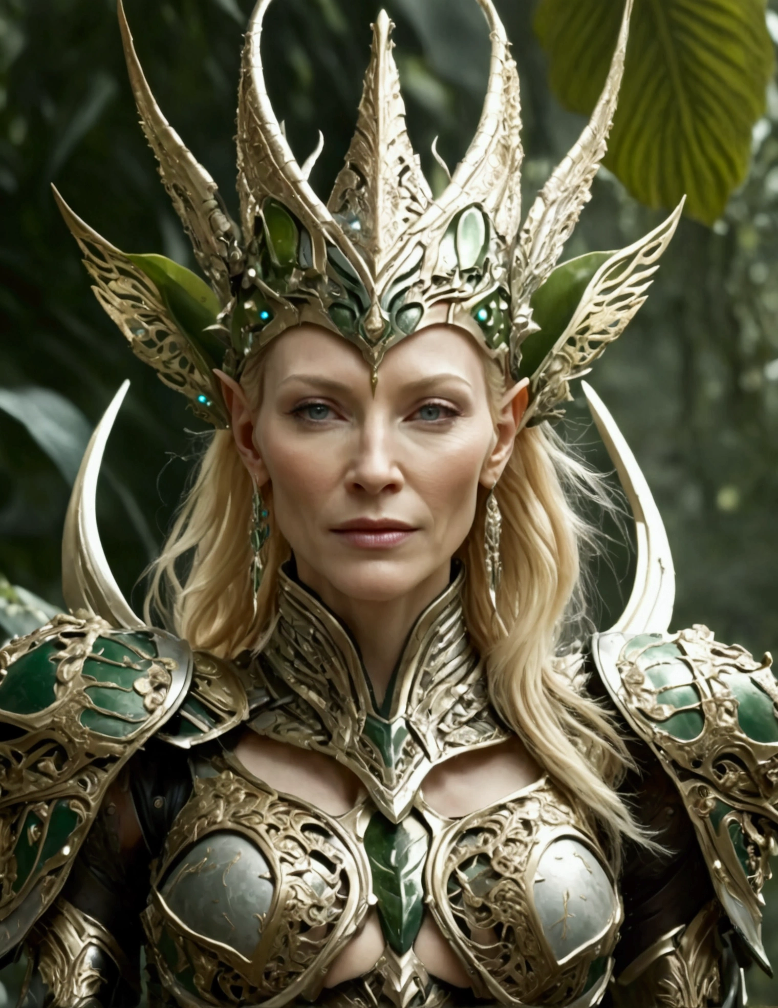 Cate Blanchett (elf, sleek sexy battle armor (very revealing), ornate large headpiece, large blades) is an an ruined Aeldari city in warhammer 40k, overgrown with vegetation
