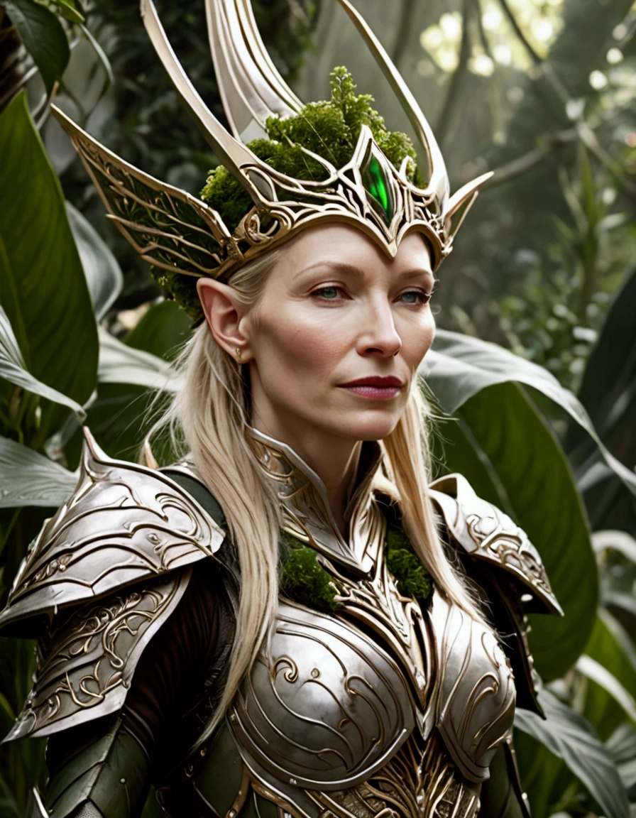 Cate Blanchett (elf, sleek sexy battle armor (very revealing), ornate large headpiece, large blades) is an an ruined Aeldari city in warhammer 40k, overgrown with vegetation