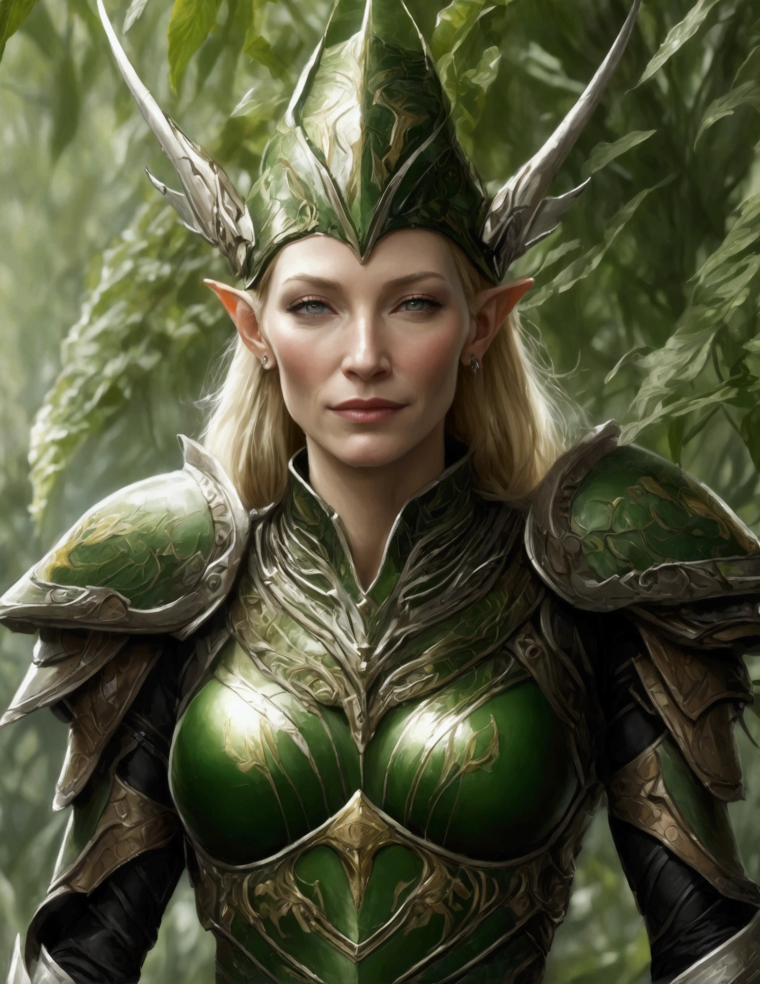 Cate Blanchett (elf, sleek sexy battle armor (very revealing), ornate large headpiece, large blades) is an an ruined Aeldari city in warhammer 40k, overgrown with vegetation