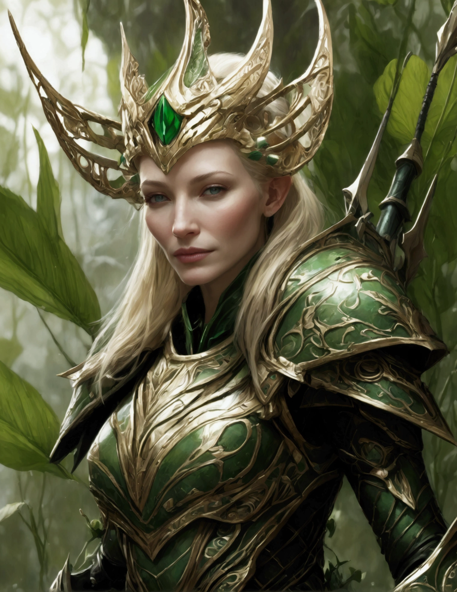 Cate Blanchett (elf, sleek sexy battle armor (very revealing), ornate large headpiece, large blades) is an an ruined Aeldari city in warhammer 40k, overgrown with vegetation
