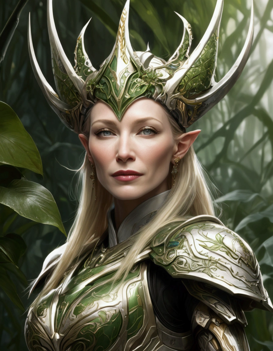 Cate Blanchett (elf, sleek sexy battle armor (very revealing), ornate large headpiece, large blades) is an an ruined Aeldari city in warhammer 40k, overgrown with vegetation