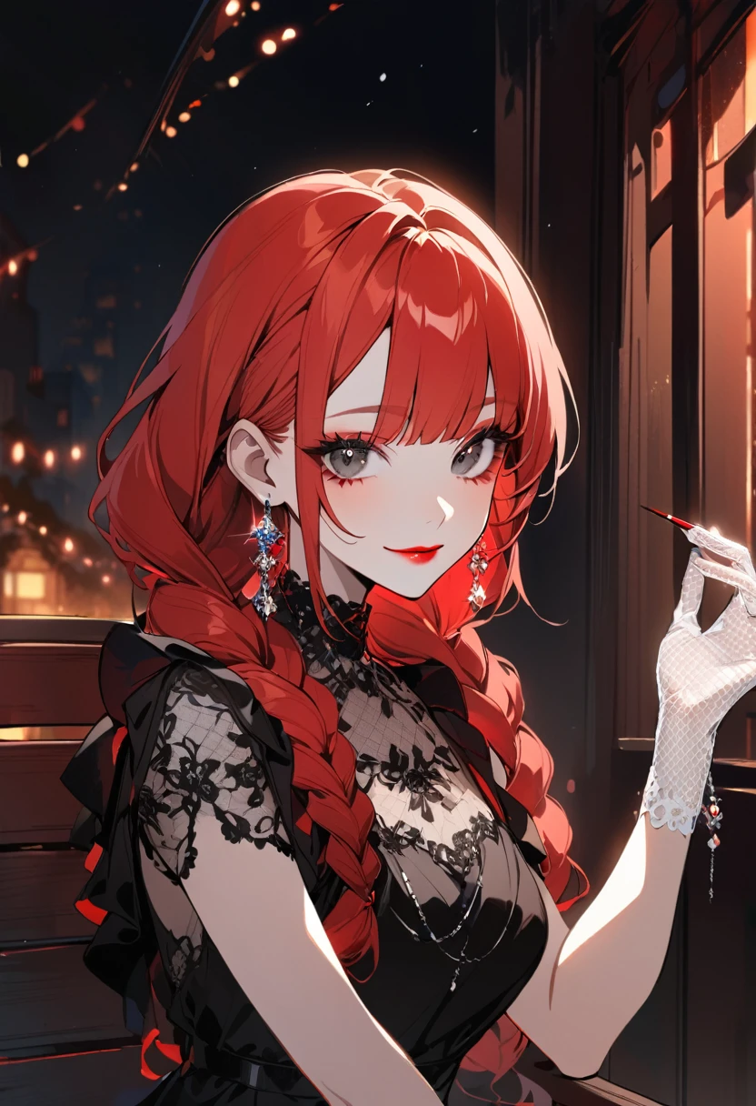 1girl, alone, long hair, looking at viewer, smile, bangs, black eyes, jewelry, closed mouth, braid, red hair, earrings, black dress, white dresses, double braids, white pupil, eyelashes, makeup, lipstick, portrait , red lips, transparent gloves, sitting on the bench, at night,