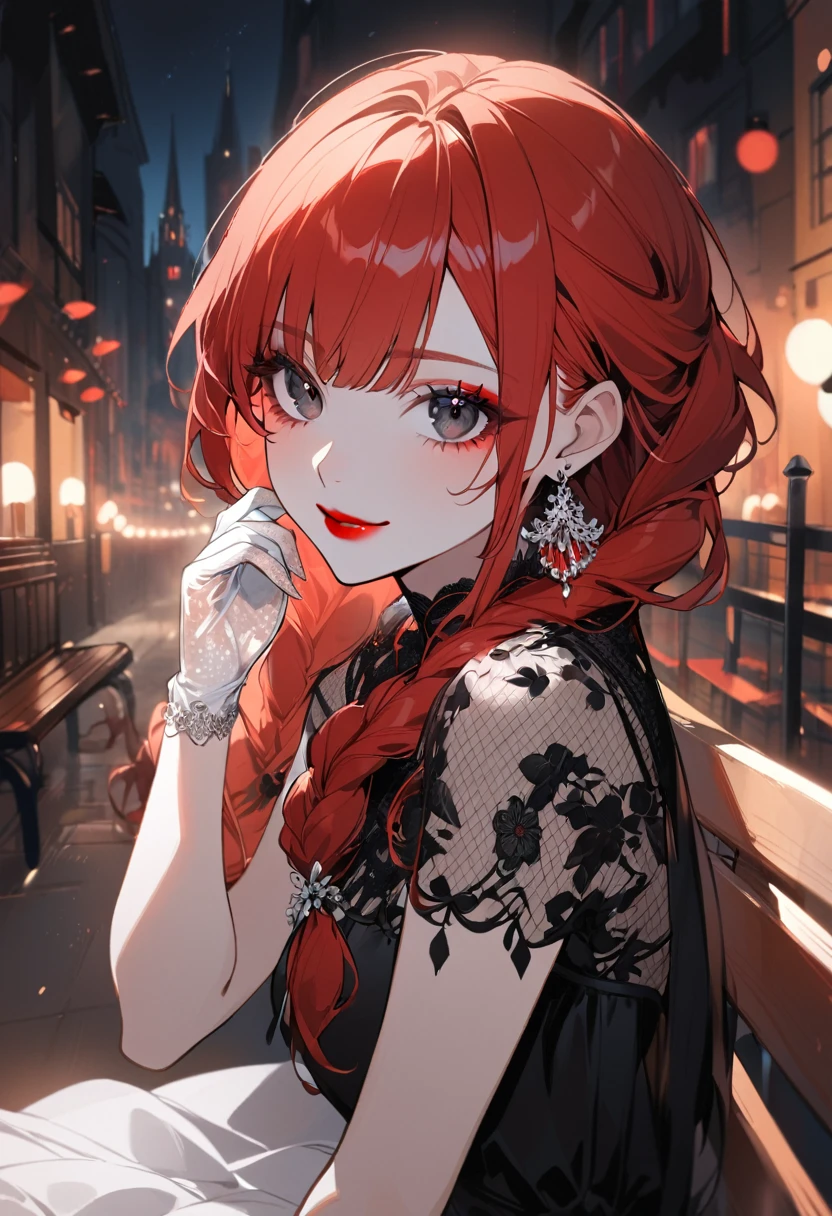 1girl, alone, long hair, looking at viewer, smile, bangs, black eyes, jewelry, closed mouth, braid, red hair, earrings, black dress, white dresses, double braids, white pupil, eyelashes, makeup, lipstick, portrait , red lips, transparent gloves, sitting on the bench, at night,