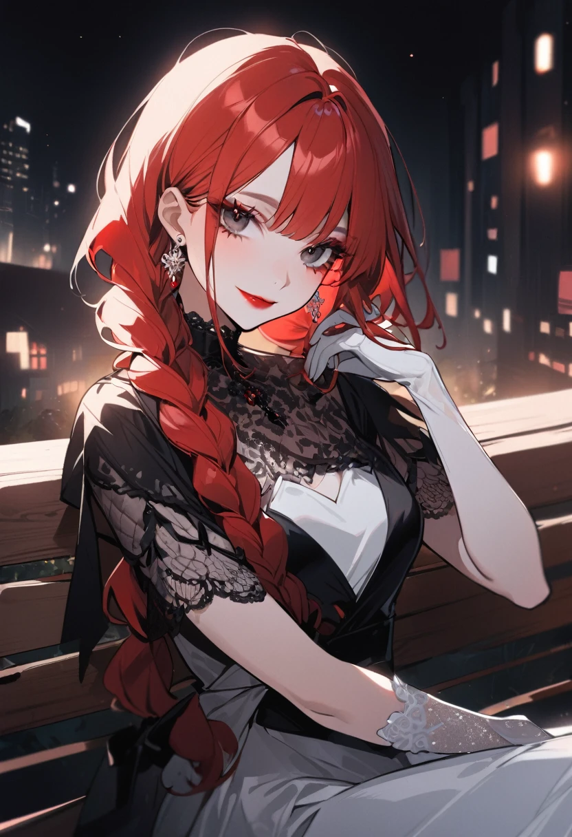 1girl, alone, long hair, looking at viewer, smile, bangs, black eyes, jewelry, closed mouth, braid, red hair, earrings, black dress, white dresses, double braids, white pupil, eyelashes, makeup, lipstick, portrait , red lips, transparent gloves, sitting on the bench, at night,