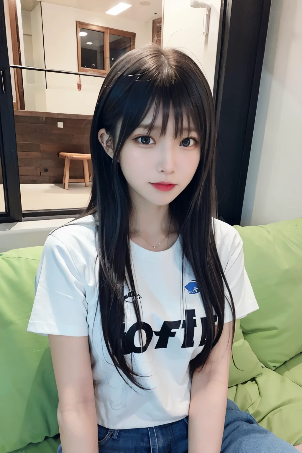 (8k、RAW Photos、Highest quality、masterpiece:1.2)、(Realistic、Photorealistic:1.37)、One Girl、、cute、Adorable、(blue eyes)、(A shy smile:0.4)、(solo)、Detailed face、Oval Face、Narrow, almond-shaped eyes、ponytail、Slender、Medium chest、Jacket、White T-shirt、Elevation、Tilt your head、Fluorescent lamp、Inside the coffee shop、Sit by the window、Small Head、(Facing the other side)、Teenage