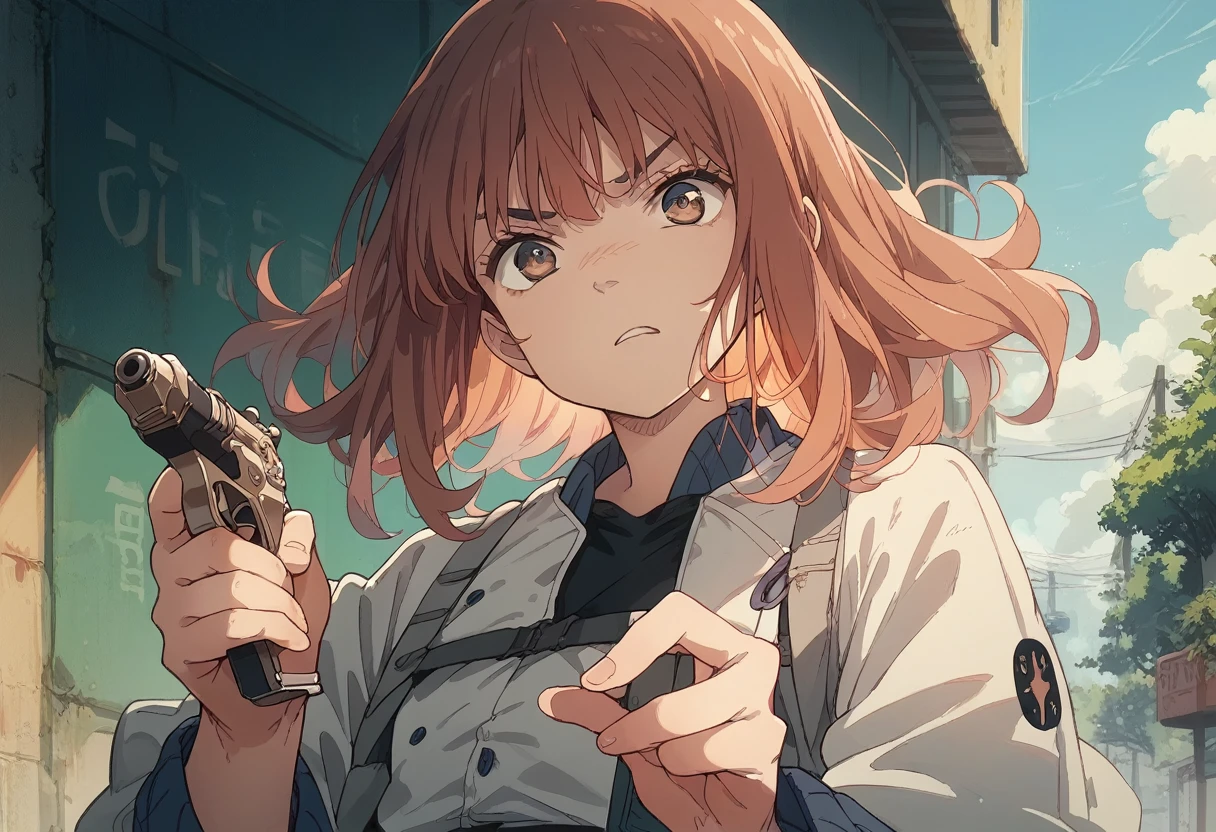 Kiruko pointing forward with a hand gun