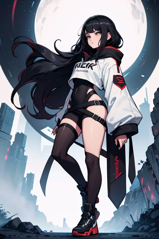 Age 22, White skin girl, , Bblack hair, extremely long hair, , sweatshirt clothes, futuristic armor, feminine, short preto, black tights, women's black tennis shoes, Bblack hair, hair between the eyes, Bblack hair, cloused mouth, range, cabelo bagunçado Bblack hair cabelo extremamente longos olhos cinzas