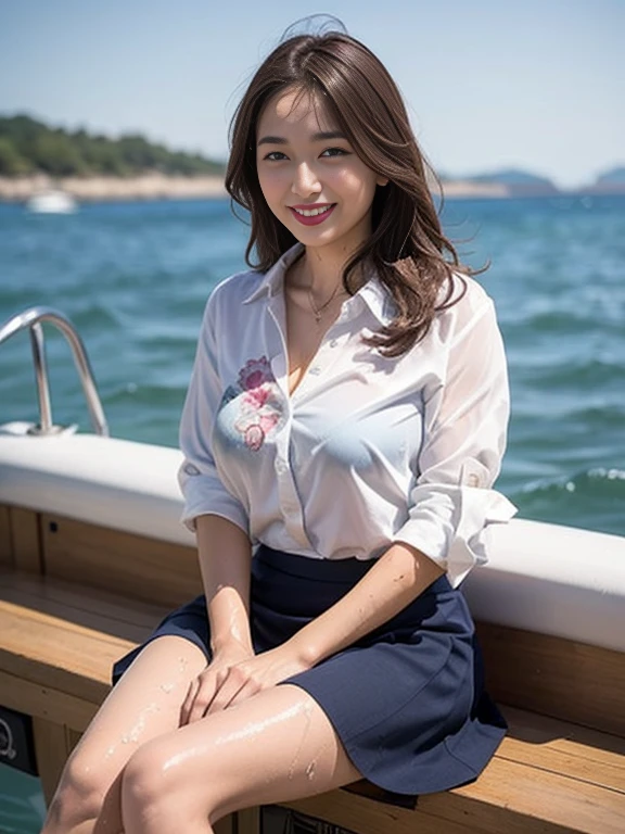 Gray background、pubic hair、Large Breasts、Thighs、Red lipstick、Cute woman、high school girl、White shirt、(Navy blue skirt)、smile、Open chest shirt、(A wet floral shirt revealing her underwear)、Wet Hair、Gazing at the sea、smile、On the boat、