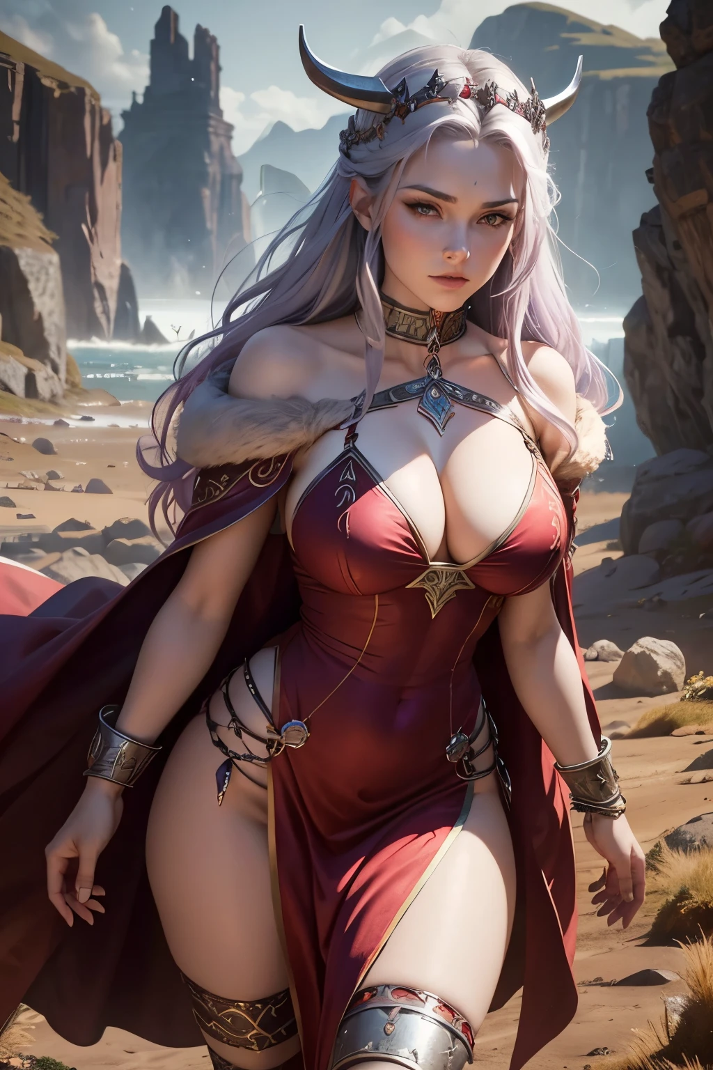 Viking goddess of , short dark red dress(fur collar) with silver runes, tiara, big ng open purple hair, bracelets,, rough landscape in the background