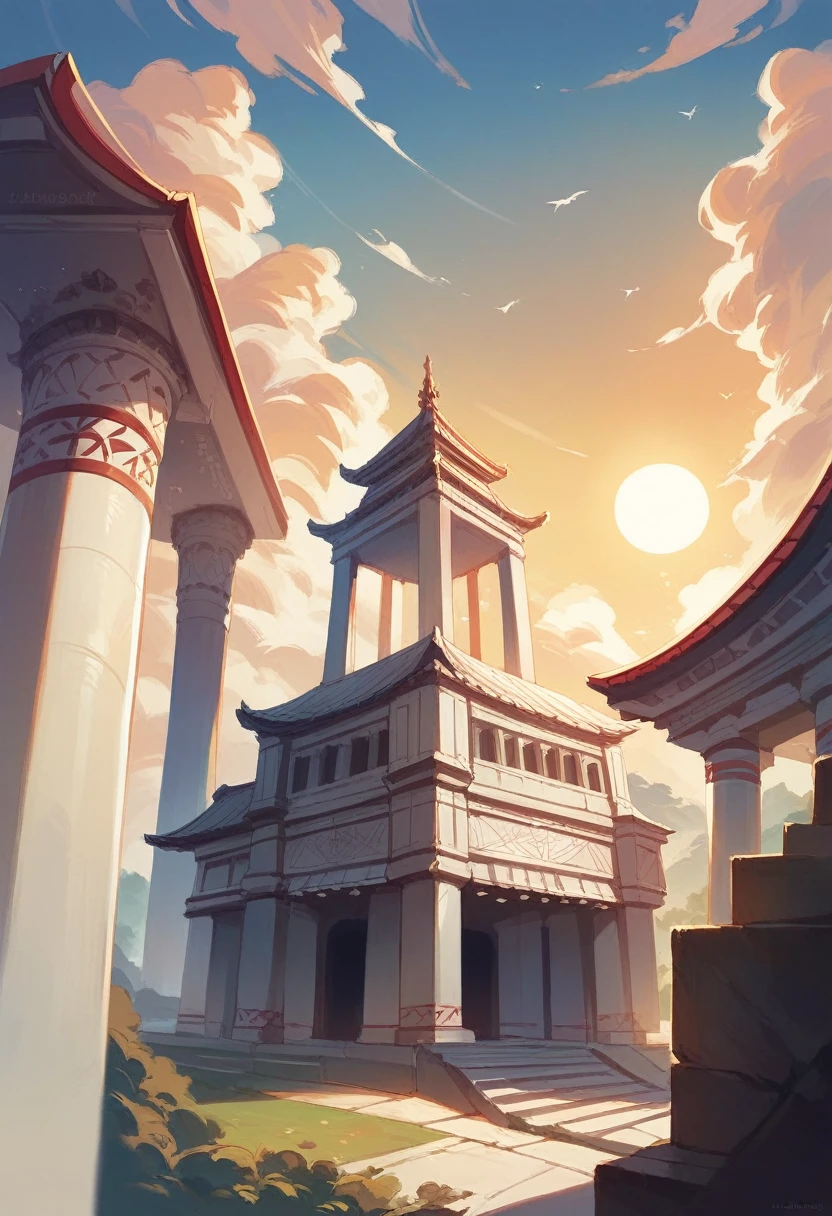 white temple, clear sky, clouds, sun, masterpiece, best quality, point of view of a person