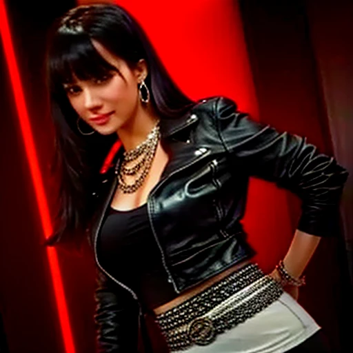 1 woman 30 years old, One, long straight black hair, bang,I look at the viewer, detailed eyes, shy smile,Jewelry, medium breast, earrings,belt, blue leather jacket over a tight red t-shirt,mini skirt,sheer white tights,NECKLACE, bracelet, lips,((Dynamic angle)),
