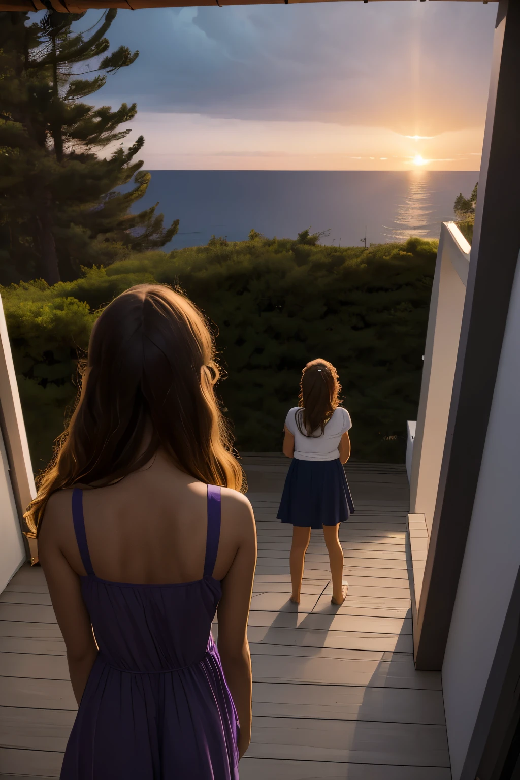 From the terrace the three girls could see the pine forest to their right and the beach in front of them. The sea was rough and on the horizon they could see the small shape of a cargo ship, while the sky was darkening, taking on shades of gray and purple as the sun set behind them.