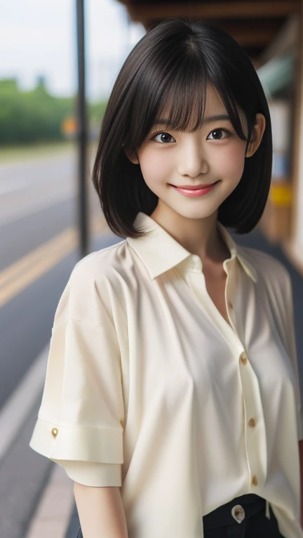 perfect Ratio Face, Balanced eyes, double eyelid,japanese girl,12yr,round face, Beautiful nasal muscles lipgloss,Balanced style,shorthair with bangs,smile,((open shirt over topless)),dancing on country road