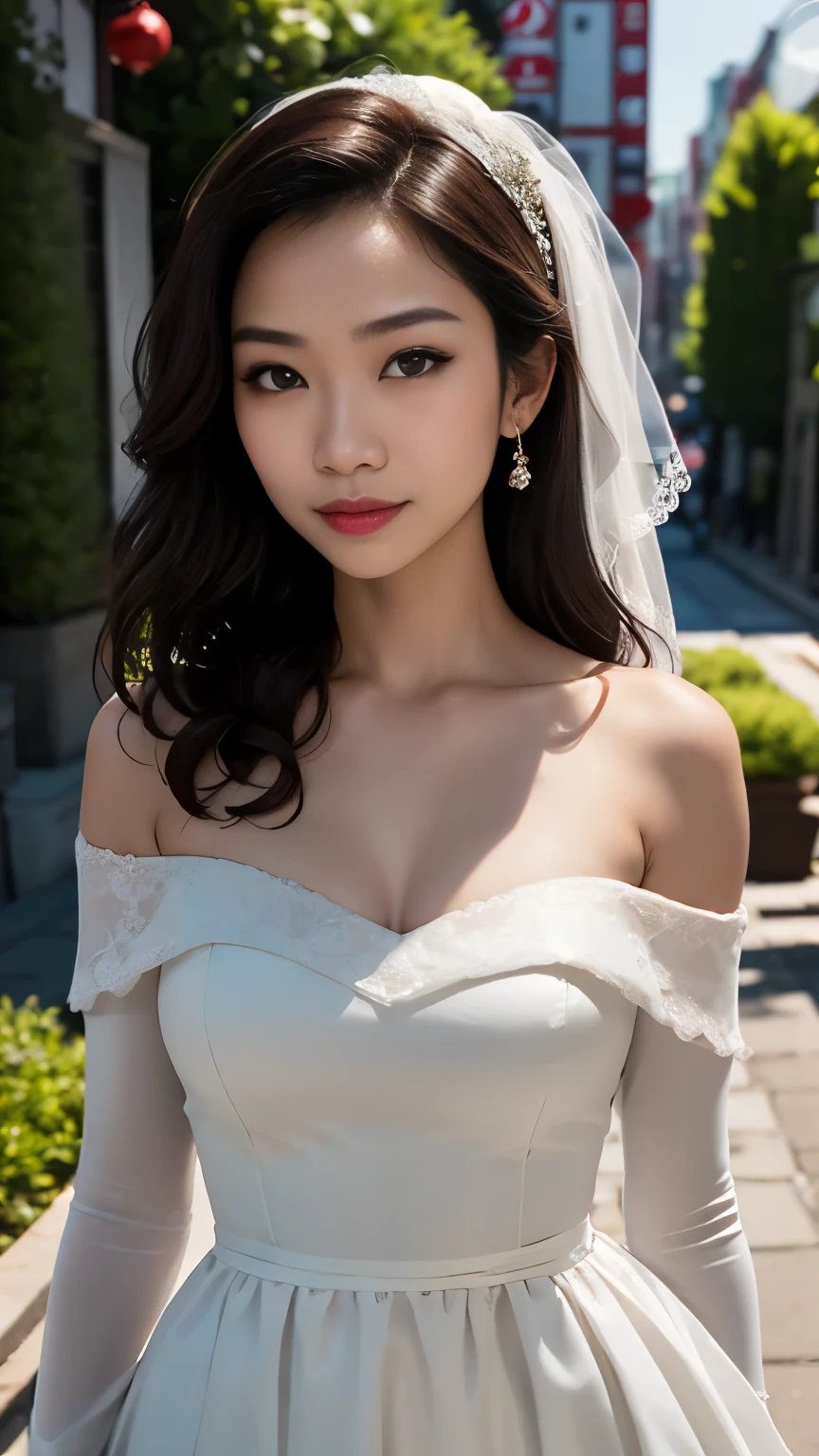 MALAY GIRL, masterpiece, High quality, UHD 32K, Realistic face, Realistic skin feeling , A Japanese Lady, Very cute face, CUTE GIRL, wedding dress, garden, city, off the shoulder, waist up