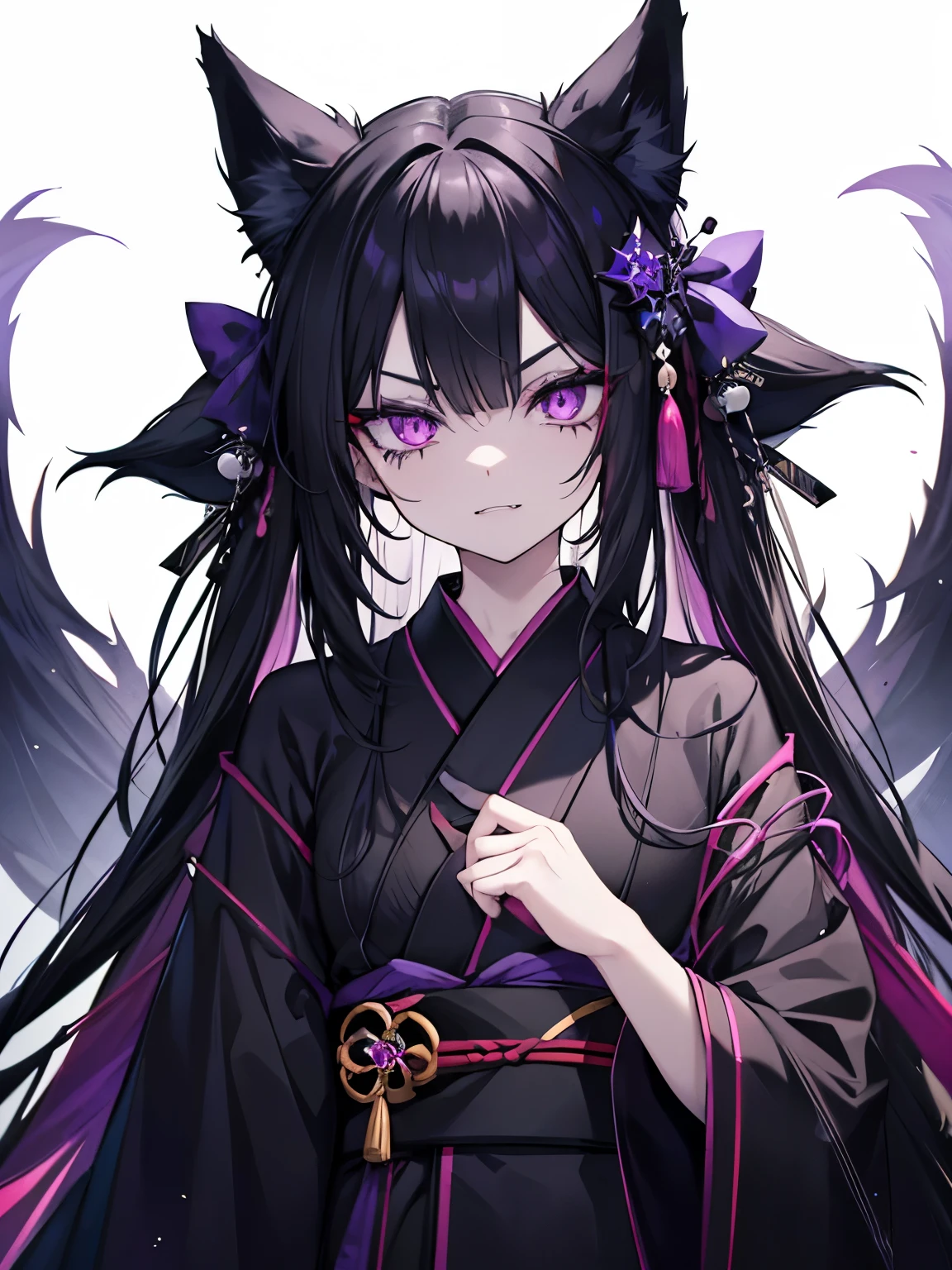 woman in her 20's, scary looking, androgynous, long black hair with small white streaks, fox ears flattened down, piercing purple eyes with slit pupils, long lashes, fox tail, black kimono, baring fangs, evil, scary, masterpiece, high quality