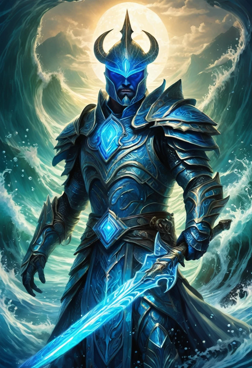 A mysterious warrior emerges from the depths of the sea in Atlantean armor, ready to defend his kingdom against any threat. His luminescent blue eyes reflect the power and wisdom of the oceans.