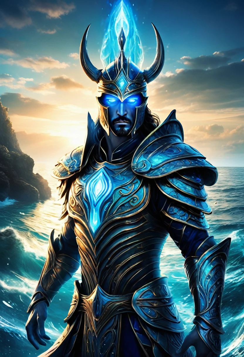 A mysterious warrior emerges from the depths of the sea in Atlantean armor, ready to defend his kingdom against any threat. His luminescent blue eyes reflect the power and wisdom of the oceans.