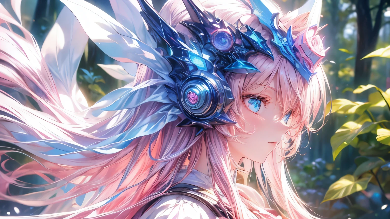 Anime girl with long pink hair and blue eyes standing in a forest., detailed digital anime art, 4K anime style, hermoso portrait animado, portrait, Knights of the Zodiac, , anime art wallpaper 4k, 4k anime art wallpaper, blonde anime girl with long hair, 8K high quality detailed art, anime art wallpaper 8k, pink fur princess, detailed anime art