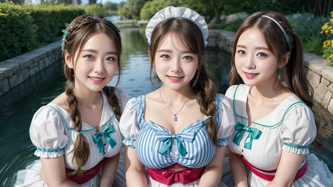 ( 3 girls),smile、Look into the camera、Diamond necklace、braided hair (Maid café outfit with open chest:1.1)、The material is smooth and flexible.、exposed upper arms、Blue-green striped knee-length socks Extra long twin tail hair、close range shooting、Flower Hair Ornaments、Blindfold、Garter、 Masterpiece, Highest quality, 8ก, beautiful girl, young face、 photography, Cute face, thigh,in the stream,、รอยsmile、small waist, blue eyes(((The chest is erect.:1.3)))(((round chest:1.3)))(((big breasts:1.3)))