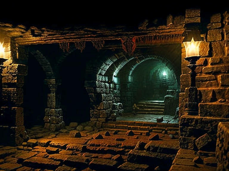 tyle of evilcore ::.5 style grimdark::.5 style dark fantasy::.5 inside dungeon orc´s lair, stone walls with wood door, torchs in te walls, HeroQuest, D&D, warhammer 