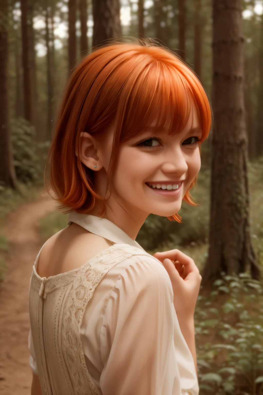 Masterpiece, best quality, Gwendolyn_tennyson, short orange hair, sideswept bangs, blue hairclip, laughing, forest landscape in background