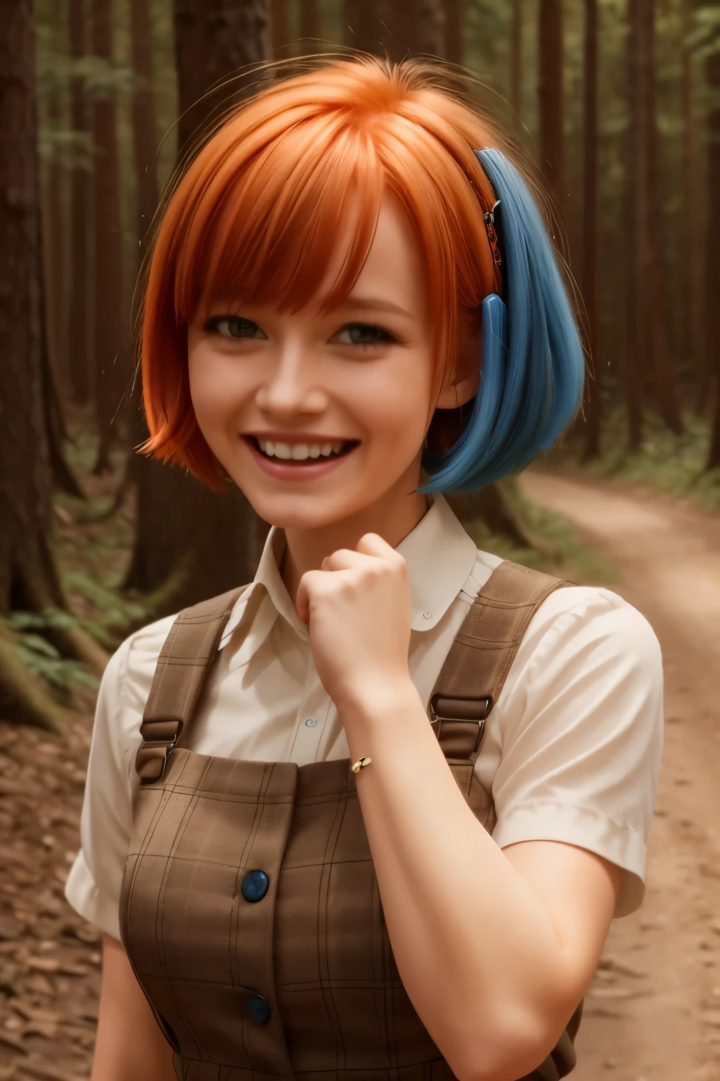 Masterpiece, best quality, Gwendolyn_tennyson, short orange hair, sideswept bangs, blue hairclip, laughing, forest landscape in background