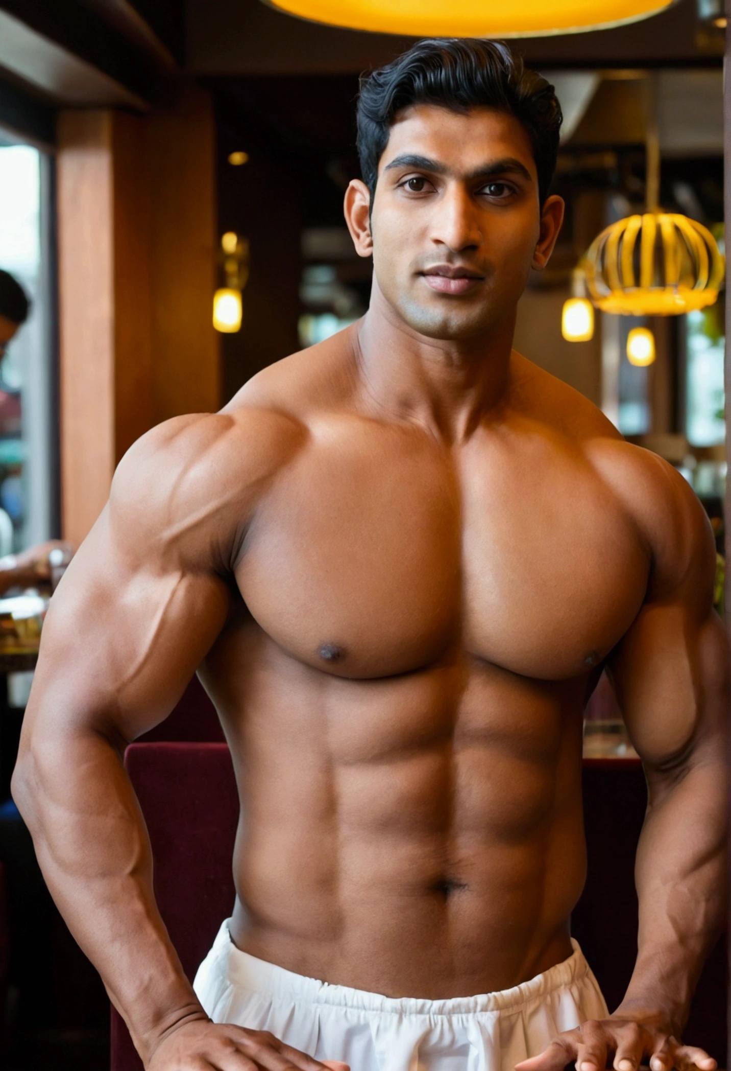 Sexy naked south asian man , big pectorals, big ass, big arms, “big veiny penis” in a restaurant