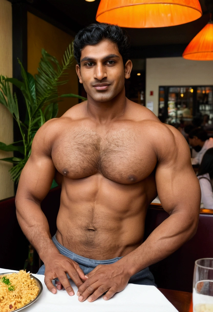 Sexy naked south asian man , big pectorals, big ass, big arms,  “big veiny penis” in a restaurant 