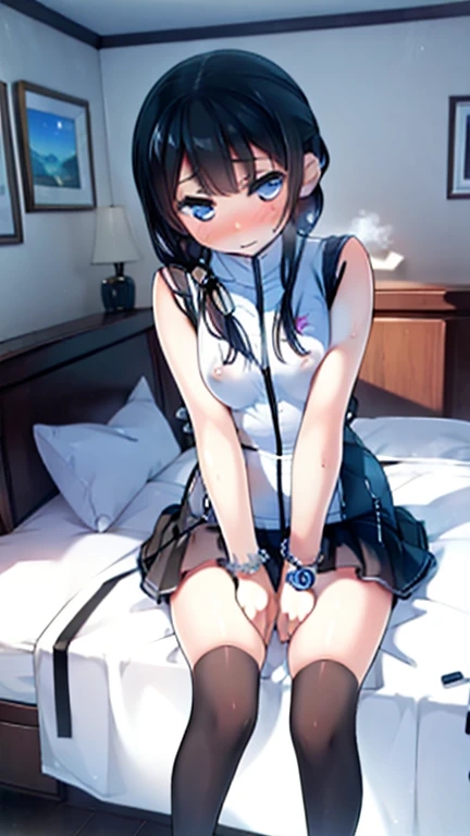 (Highest quality), (masterpiece), 1080P, High resolution, 4K, 8k, Thigh straps, Shooting from directly below, The woman on top of me, Nipples, 白いSweat, Covered , Sweat, Woman looking down, Micro Bikini, Skirt swimsuit, Thigh-high socks, To achieve this, , Small breasts, whole body, Black leather shoes, Braided hair, Inner Color, Embarrassed face, Short black hair, bracelet, Bedroom,celestial body_Vest