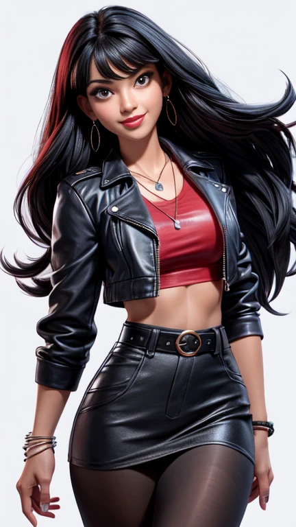 1 woman 30 years old, One, long straight black hair, bang,I look at the viewer, detailed eyes, shy smile,Jewelry, medium breast, earrings,belt, blue leather jacket over a tight red t-shirt,mini skirt,sheer white tights,NECKLACE, bracelet, lips,((Dynamic angle)),