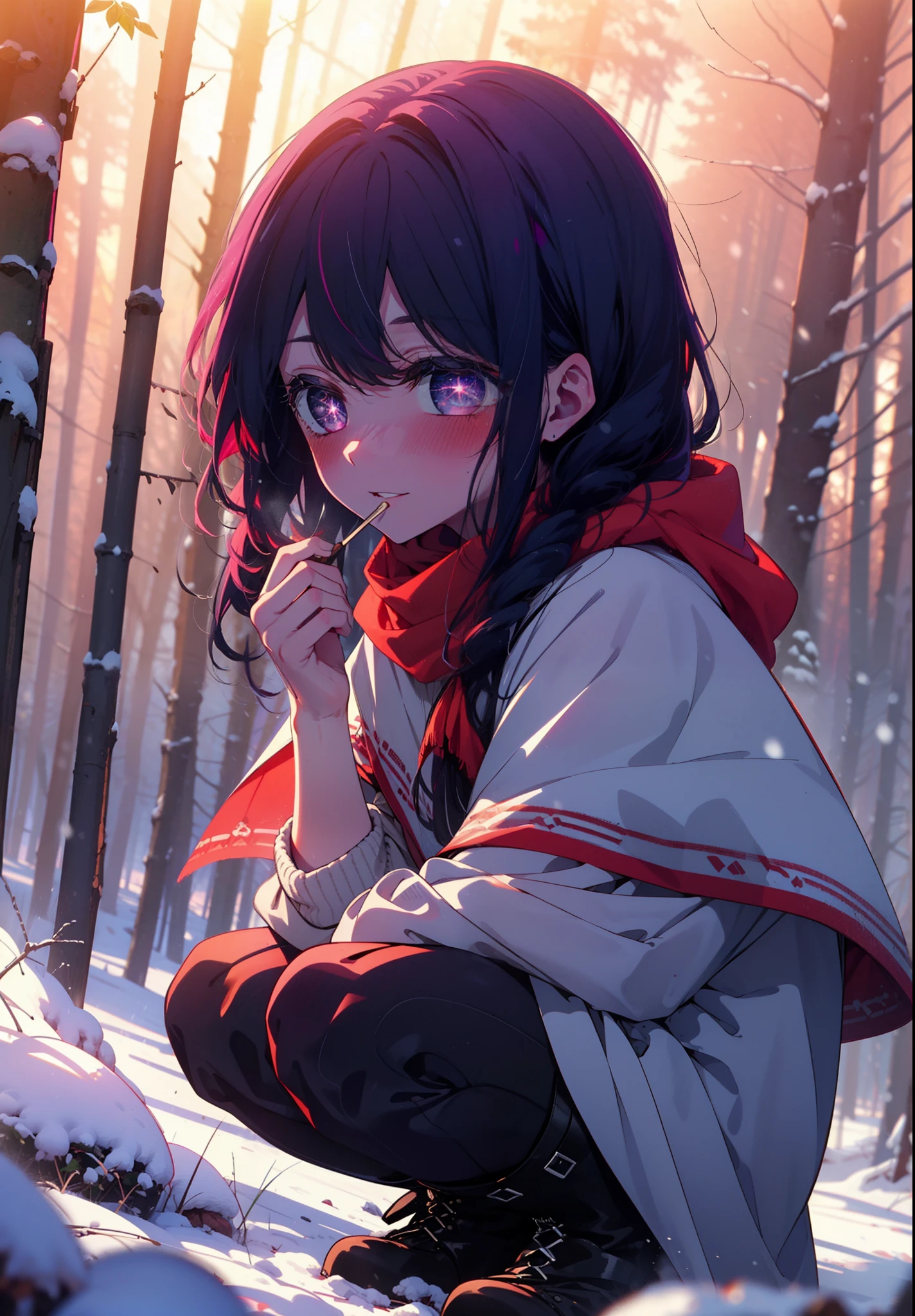 aihoshino, Ai Hoshino, Long Hair, bangs, (Purple eyes:1.1), Purple Hair, (Symbol-shaped pupil:1.5), smile,,smile,blush,white breath,
Open your mouth,snow,Ground bonfire, Outdoor, boots, snowing, From the side, wood, suitcase, Cape, Blurred, , forest, White handbag, nature,  Squat, Mouth closed, Cape, winter, Written boundary depth, Black shoes, red Cape break looking at viewer, Upper Body, whole body, break Outdoor, forest, nature, break (masterpiece:1.2), Highest quality, High resolution, unity 8k wallpaper, (shape:0.8), (Beautiful and beautiful eyes:1.6), Highly detailed face, Perfect lighting, Extremely detailed CG, (Perfect hands, Perfect Anatomy),