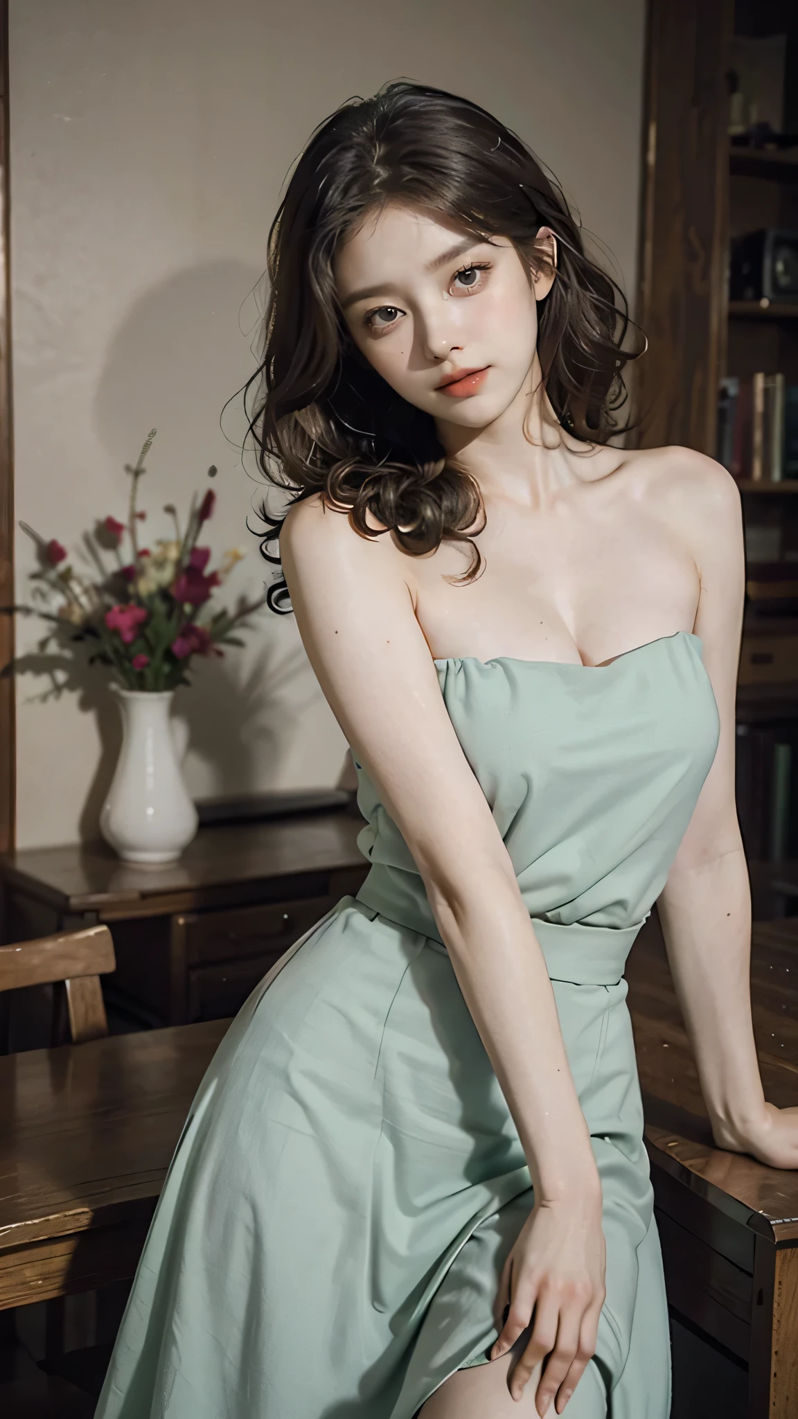 detailed background, masterpiece, best quality, 1 person , curly hair, long hair, purple eyes, star in eye ,lime green Strapless blouse, long  skirt, looking at viewer, wooden furniture behind, indoor , sexy, sexy poses 