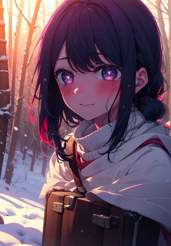 aihoshino, Ai Hoshino, Long Hair, bangs, (Purple eyes:1.1), Purple Hair, (Symbol-shaped pupil:1.5), smile,,smile,blush,white breath,
Open your mouth,snow,Ground bonfire, Outdoor, boots, snowing, From the side, wood, suitcase, Cape, Blurred, , forest, White handbag, nature,  Squat, Mouth closed, Cape, winter, Written boundary depth, Black shoes, red Cape break looking at viewer, Upper Body, whole body, break Outdoor, forest, nature, break (masterpiece:1.2), Highest quality, High resolution, unity 8k wallpaper, (shape:0.8), (Beautiful and beautiful eyes:1.6), Highly detailed face, Perfect lighting, Extremely detailed CG, (Perfect hands, Perfect Anatomy),