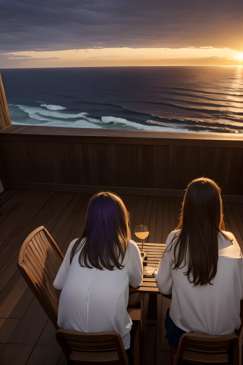 From the terrace the three girls could see the pine forest to their right and the beach in front of them. The sea was rough and on the horizon they could see the small shape of a cargo ship, while the sky was darkening, taking on shades of gray and purple as the sun set behind them.