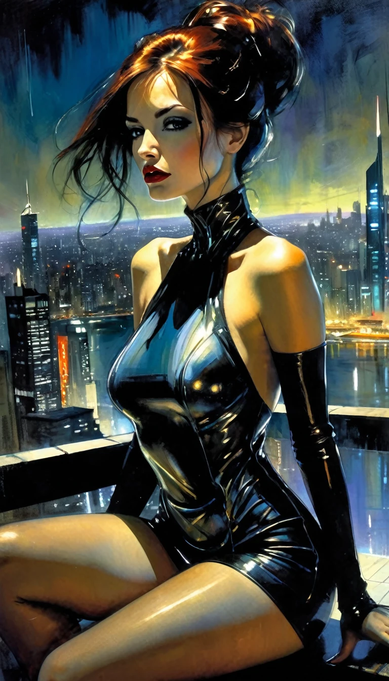 very sexy woman, very tight futuristic dress, sitting erotically, on a terrace overlooking a futuristic city with sea,  oil painting, chiaroscuro, sensual, dramatic lighting, moody atmosphere, photorealistic, intricate details, masterpiece, ultra-detailed, high quality, 8k, best quality, realistic, cinematic, dark and brooding, expressionistic, powerful composition, emotional impact, Bill Sienkiewicz inspired art

