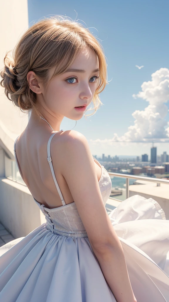 (A beautiful girl in a white dress is looking at the sunset on an observation deck with a beautiful view of the cityscape.)、cumulonimbus、(14-year-old girl、Idol Face、Baby Face:1.5)、Short Blonde Hair、(Hair and skirt fluttering in the wind:1.3)、Detailed textured skin、Cute Face、Beautiful back、(Beautiful breasts:1.2、Cleavage)、(Beautiful eyes wide open、Eye for detail、blue eyes)、(high nose:1.2)、(Moisturizing lips)、((Tight waist:1.2))、(Detailed arms、Beautiful arms:1.2)、(Detailed eyes and face:1.2、Professional photography techniques)、(Highest quality、Highest quality、Masterpiece、Ultra high definition、Reality:1.37)