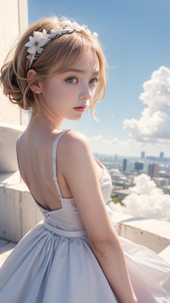 (A beautiful girl in a white dress is looking at the sunset on an observation deck with a beautiful view of the cityscape.)、cumulonimbus、(-yeld giIdol Face、Baby Face)、Short Blonde Hair、(Hair and skirt fluttering in the wind:1.3)、Detailed textured skin、Cute Face、Beautiful back、(Beautiful breasts:1.2、Cleavage)、(Beautiful eyes wide open、Eye for detail、blue eyes)、(high nose:1.2)、(Moisturizing lips)、((Tight waist:1.2))、(Detailed arms、Beautiful arms:1.2)、(Detailed eyes and face:1.2、Professional photography techniques)、(Highest quality、Highest quality、Masterpiece、Ultra high definition、Reality:1.37)