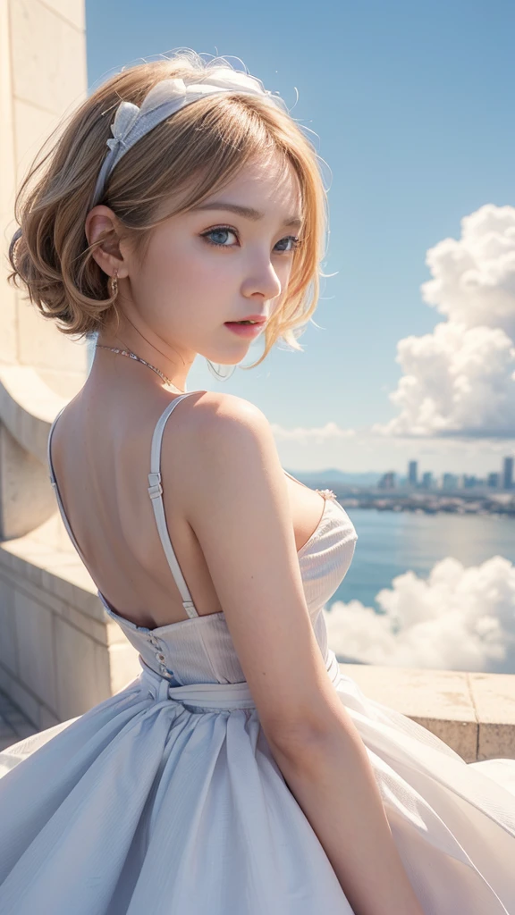 (A beautiful girl in a white dress is looking at the sunset on an observation deck with a beautiful view of the cityscape.)、cumulonimbus、(-yeld giIdol Face、Baby Face)、Short Blonde Hair、(Hair and skirt fluttering in the wind:1.3)、Detailed textured skin、Cute Face、Beautiful back、(Beautiful breasts:1.2、Cleavage)、(Beautiful eyes wide open、Eye for detail、blue eyes)、(high nose:1.2)、(Moisturizing lips)、((Tight waist:1.2))、(Detailed arms、Beautiful arms:1.2)、(Detailed eyes and face:1.2、Professional photography techniques)、(Highest quality、Highest quality、Masterpiece、Ultra high definition、Reality:1.37)