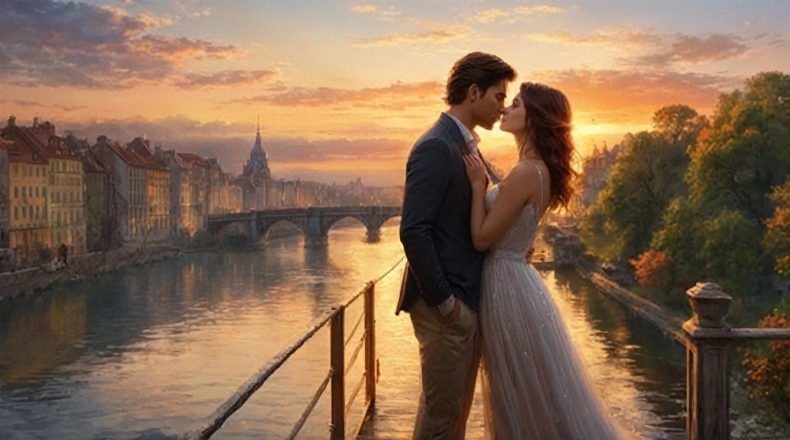 arafed image of a couple kissing on a bridge over a river, gorgeous romantic sunset, by Alexander Kucharsky, unreal engine ; romantic theme, romantic painting, romantic couple, romance novel cover, by Roman Bezpalkiv, romantic scene, in romantic style, dreamy and romantic, by Marek Okon, by Antoni Brodowski, romantic landscape