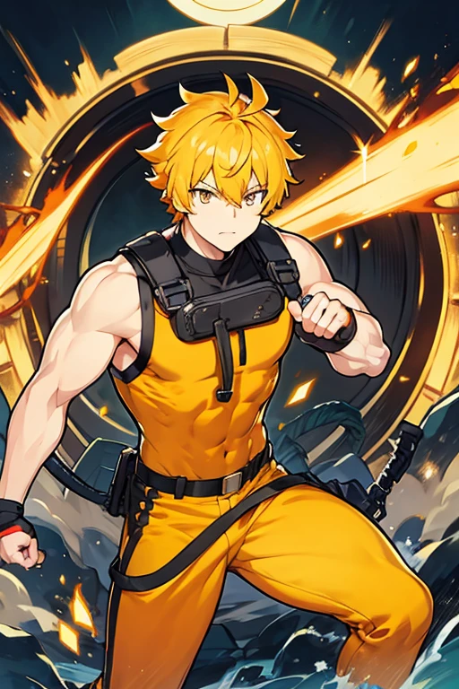 Muscle man, short orange and yellow hair, yellow eyes, Black sleeveless shirt, firefighter suit 