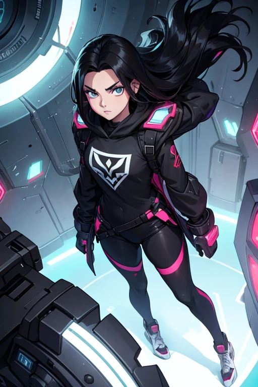 Age 22, White skin girl, , Bblack hair, extremely long hair, , sweatshirt clothes, futuristic armor, feminine, short preto, black tights, women's black tennis shoes, Bblack hair, hair between the eyes, Bblack hair, cloused mouth, range, cabelo bagunçado Bblack hair cabelo extremamente longos olhos cinzas