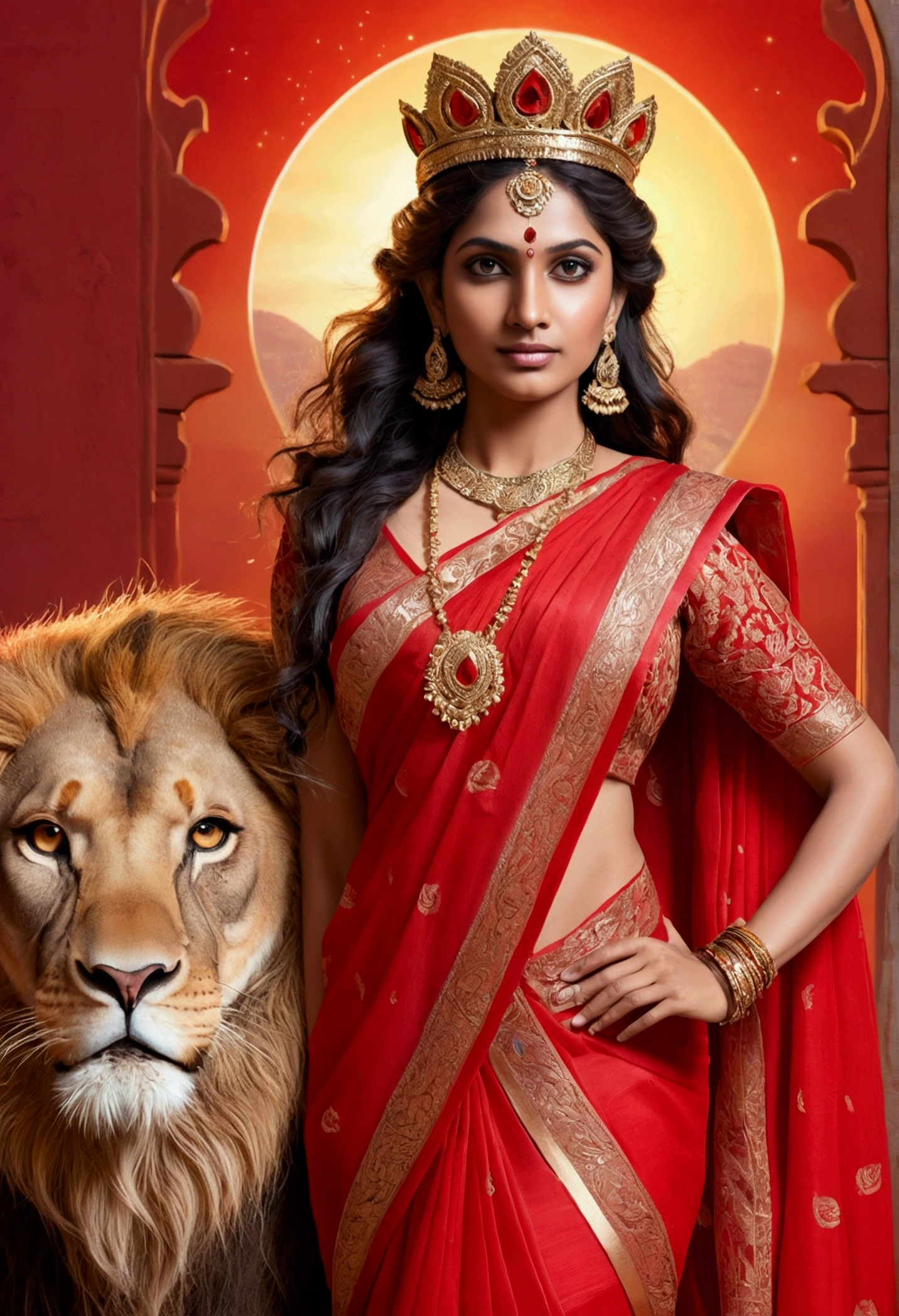 (highly detailed), (illustration), (intricate), (beautiful face), (attractive body), (complete body picture), modern indian goddess, Hinduism, (transparent red saree), dynamic pose, deity crown, (lion standing nearby), colorful, eye-catching, heavenly.