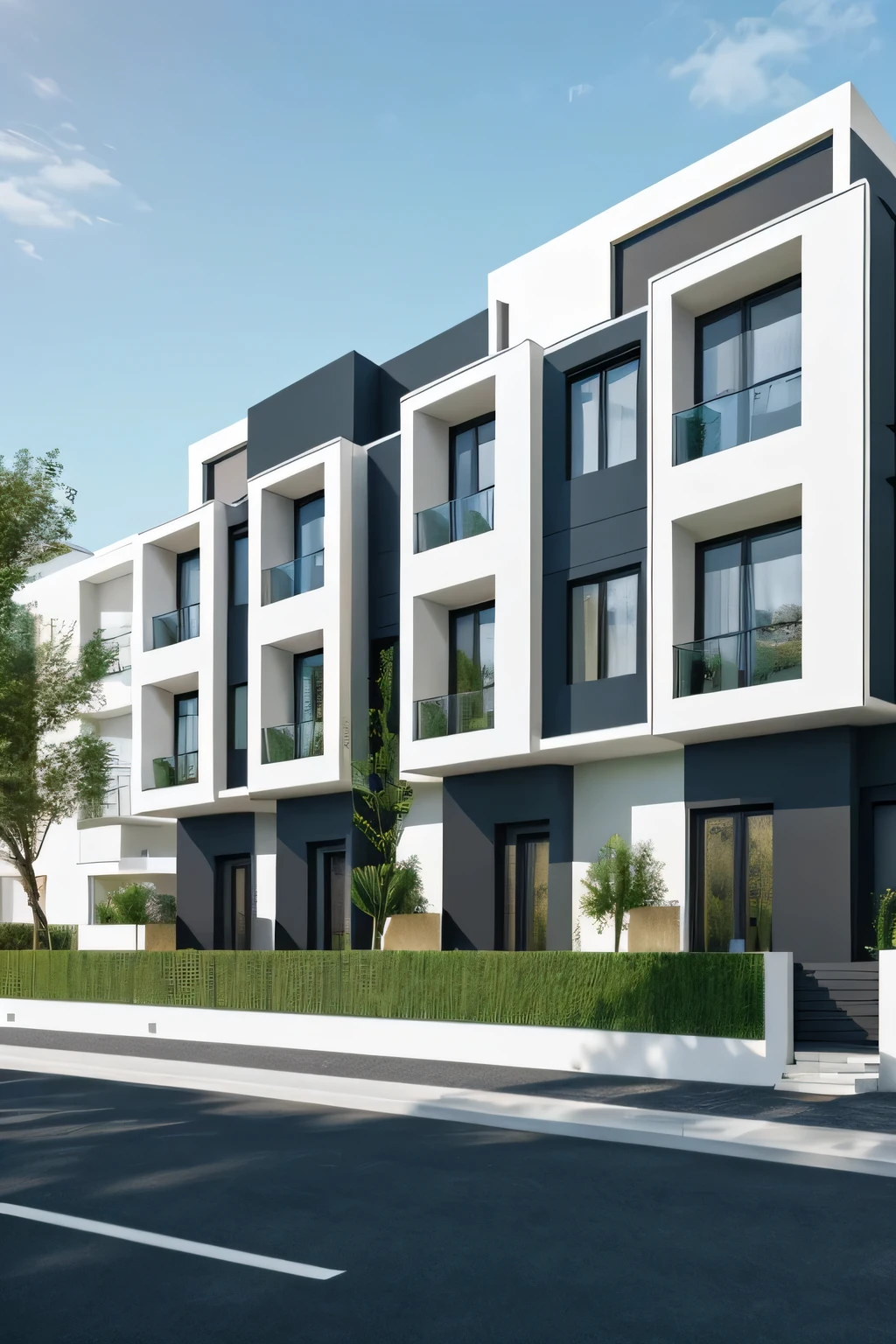 Professional 3d architecture rendering design of modern and minimal apartments facade with  dark blue slab stone and black stone and green space between windows 