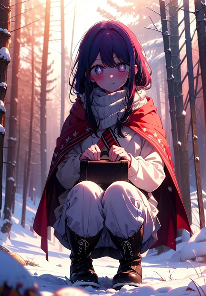 aihoshino, Ai Hoshino, Long Hair, bangs, (Purple eyes:1.1), Purple Hair, (Symbol-shaped pupil:1.5), smile,,smile,blush,white breath,
Open your mouth,snow,Ground bonfire, Outdoor, boots, snowing, From the side, wood, suitcase, Cape, Blurred, , forest, White handbag, nature, Squat, Mouth closed, Cape, winter, Written boundary depth, Black shoes, red Cape break looking at viewer, Upper Body, whole body, break Outdoor, forest, nature, break (masterpiece:1.2), Highest quality, High resolution, unity 8k wallpaper, (shape:0.8), (Beautiful and beautiful eyes:1.6), Highly detailed face, Perfect lighting, Extremely detailed CG, (Perfect hands, Perfect ???????),