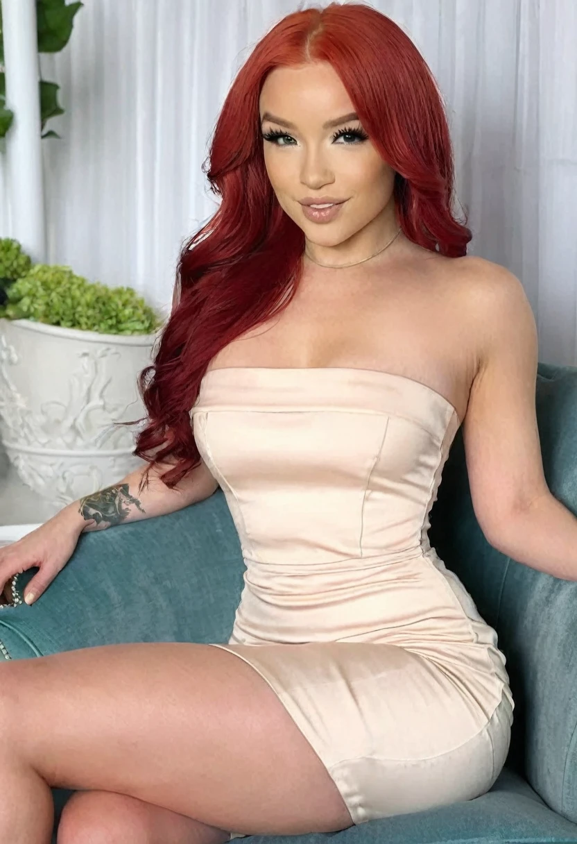 ((high quality:1.2)), (8k), extremely detailed, ((High detail:1.2)), ((best resolution:1.4)), (HotLexi Elsa Jean), Solo, ((24 years old irish red-haired female:1.45)), ((tight and short dress strapless)), 