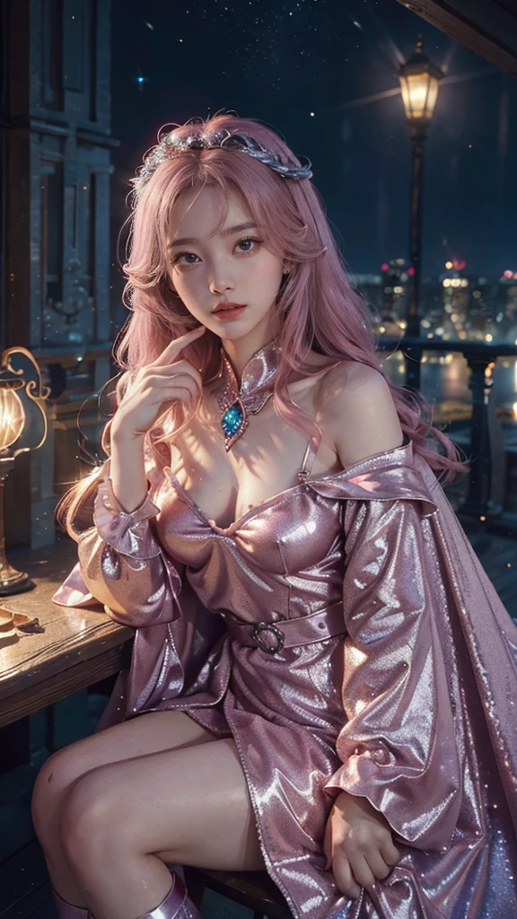 4k, UHD, masterpiece, 1 girl, good face, ((detailed eyes)), very long hair, impressive hairstyle, perfect brasts, fantasy cosplay, pink cosplay, strap cosplay, cape, night city, building, lamps, depth of field, reflection light, ((sparkle)), chromatic aberration, sitting on the chair,