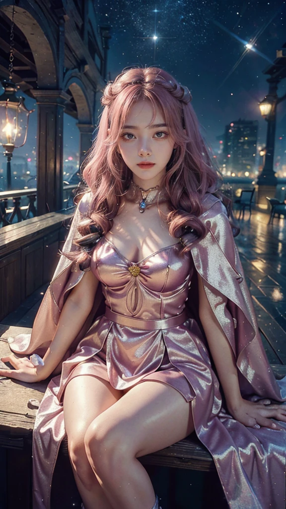 4k, UHD, masterpiece, 1 girl, good face, ((detailed eyes)), very long hair, impressive hairstyle, perfect brasts, fantasy cosplay, pink cosplay, strap cosplay, cape, night city, building, lamps, depth of field, reflection light, ((sparkle)), chromatic aberration, sitting on the chair,